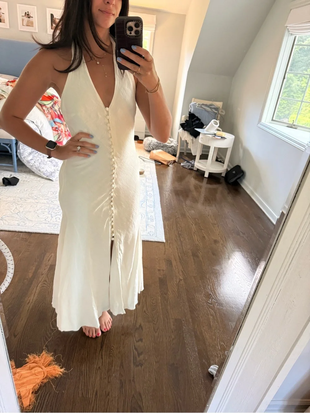 cult gaia ivory halter button-front midi dress linen with wrapped buttons - Picture 3 of 12